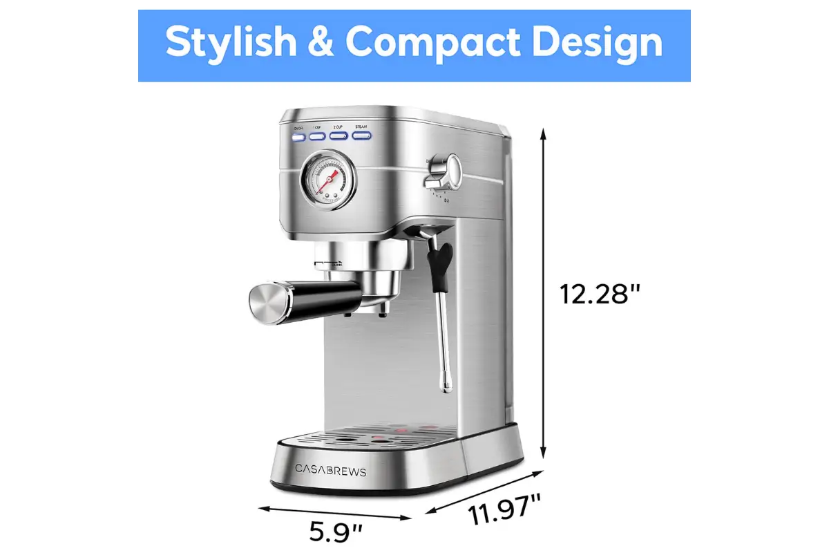 Casabrews-Cm5418 silver coffee machine with size charts