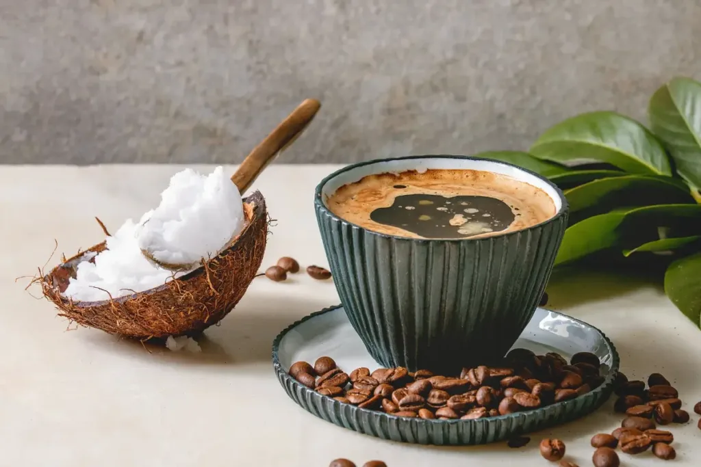 a cup of coffee and coconut on a plate for Coconut Water Coffee Recipe