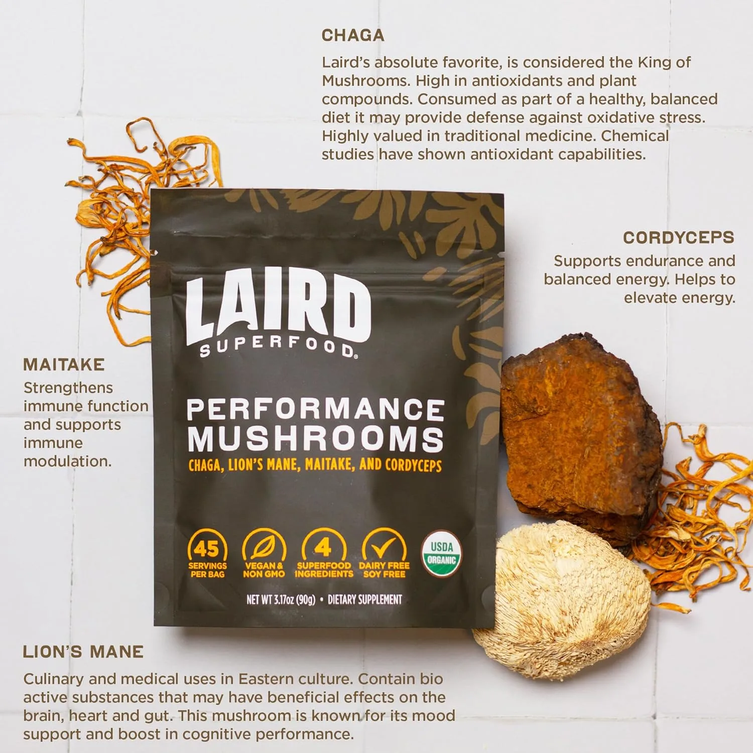 
Laird Superfood Organic Performance Mushroom Blend with Chaga, Cordyceps, Lion's Mane and Maitake for Energy and Cognition, 3.17 oz. Bag, Pack of 1